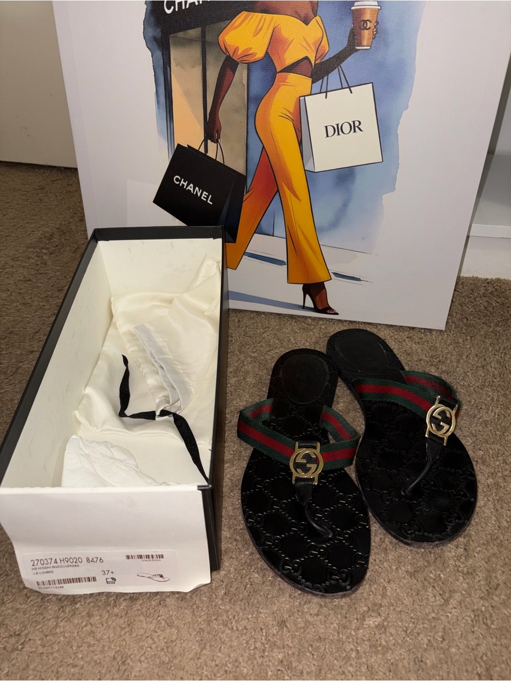 Gucci Black Leather GG Logo Thong Sandals with Green-Red Web Stripe